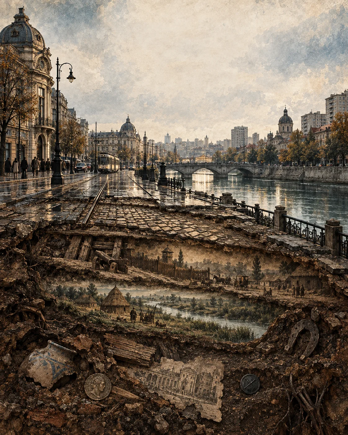 Illustration of the city and riverbanks drawn in overlapping layers
