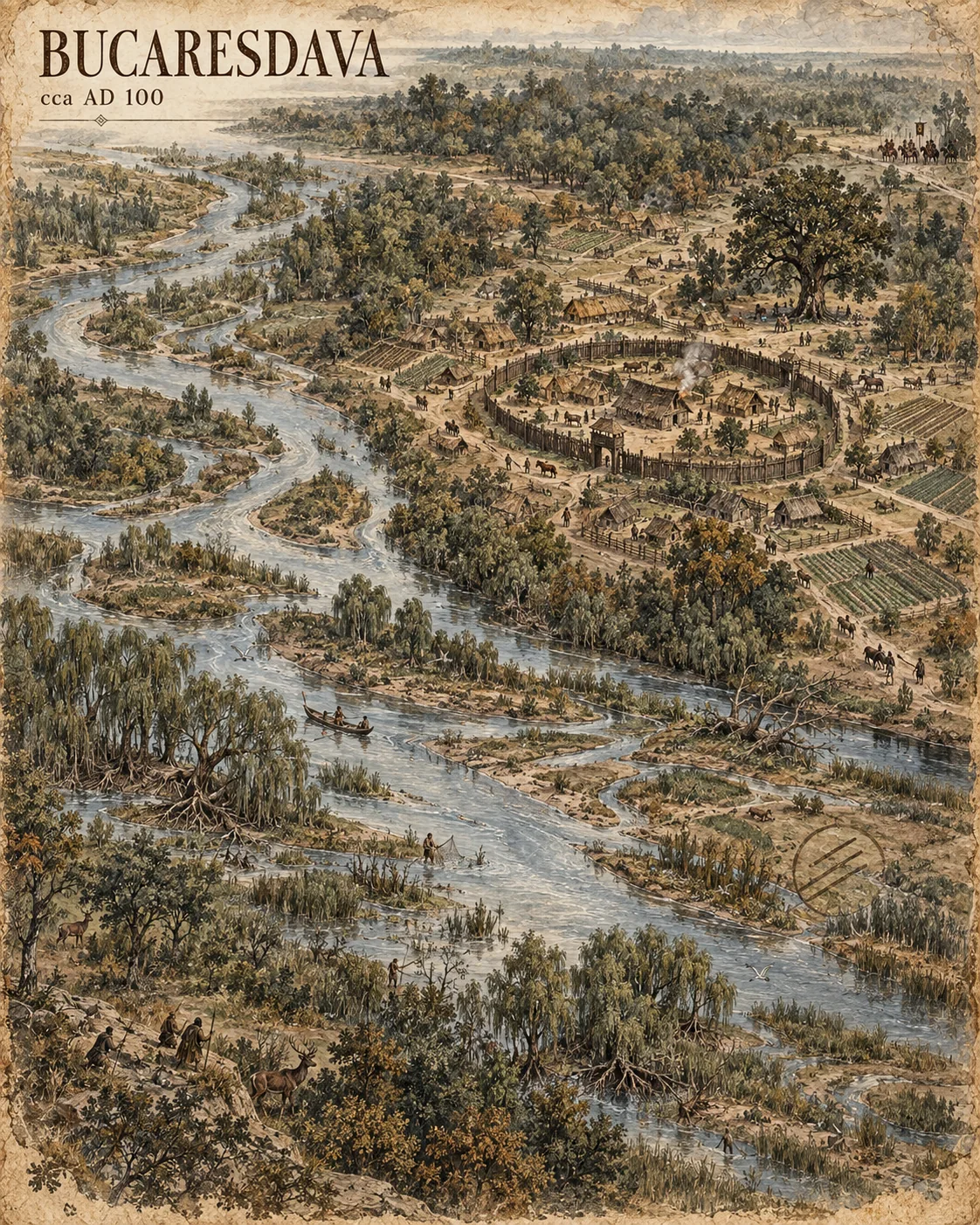 Fictional reconstruction of a riverside settlement around AD 105